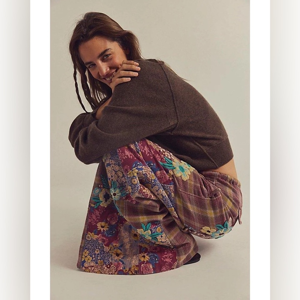 Free People Brooks Embroidered Wide-Leg Patchwork Pants Green Combo - Picture 7 of 15